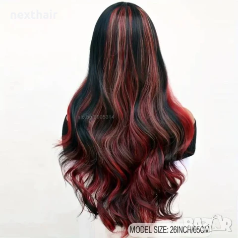 Вълнообразна перука с кичури микс от цветове русо червено черно на път, снимка 4 - Аксесоари за коса - 51232085