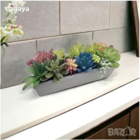 5414 Реалистична саксия с изкуствени сукулентни растения, 23 см, снимка 5 - Изкуствени цветя - 47772145