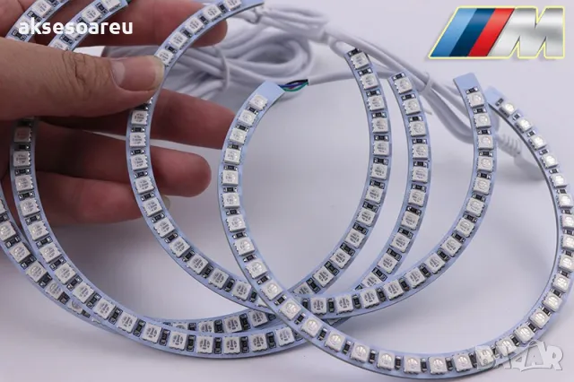 Ангелски очи многоцветни RGB LED Фарове Angel Eyes DRL за кола пръстени 2x131 и 2x146 mm за BMW, снимка 14 - Аксесоари и консумативи - 48039286