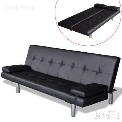 Разтегателен диван с две възглавници, изкуствена кожа, черен, снимка 1 - Дивани и мека мебел - 41534068