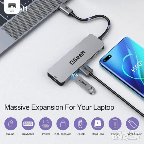 QGeeM USB C хъб 5 в 1, USB C към HDMI адаптер, 4K HDMI, SD/TF, снимка 2 - Други - 48074272