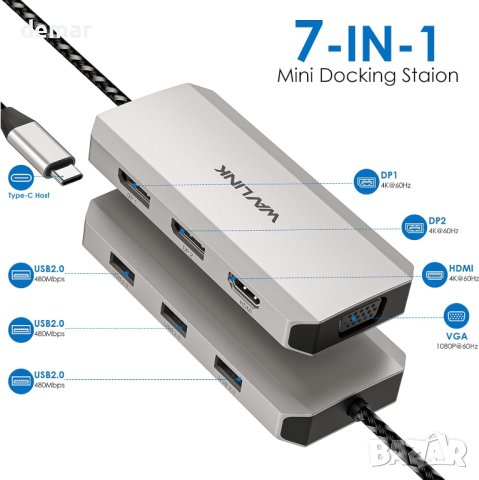 WAVLINK USB C Quad Display Hub, 7-в-1 докинг станция за лаптоп, снимка 2 - Кабели и адаптери - 44217823