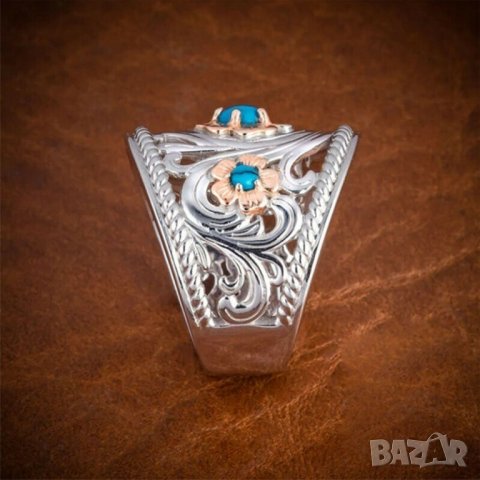 Пръстен с тюркоази, орнаменти, снимка 2 - Пръстени - 35982123