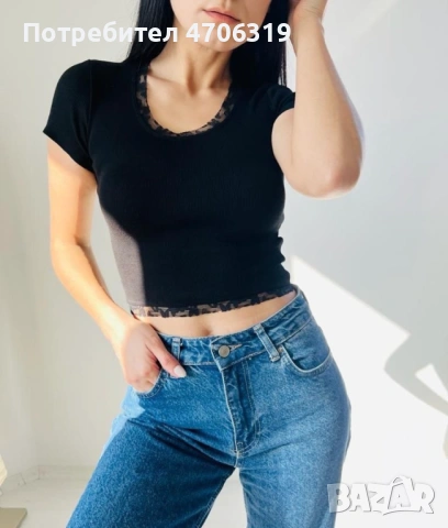 Къса,дамска секси тениска с дантела на ръкавите ., снимка 2 - Тениски - 53191042