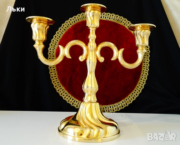 Позлатен троен свещник 1.1 кг.,барок. , снимка 4 - Антикварни и старинни предмети - 51488234