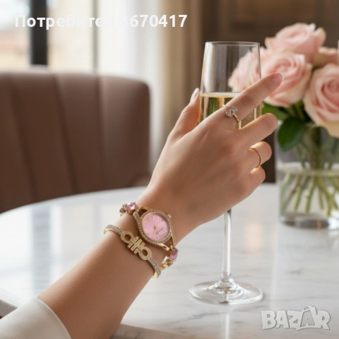 Луксозен дамски сет: часовник с кристали + гривна – в подаръчна опаковка, снимка 4 - Бижутерийни комплекти - 52297766