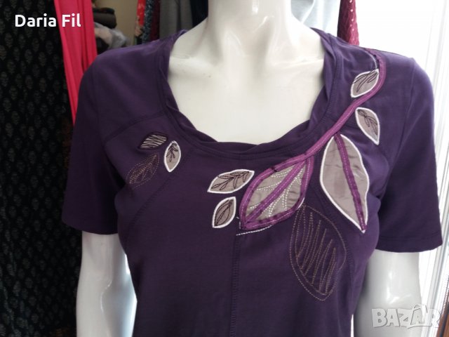 РАЗПРОДАЖБА- блуза трико в преливащи лилави цветове и апликации листа, снимка 3 - Тениски - 35678019