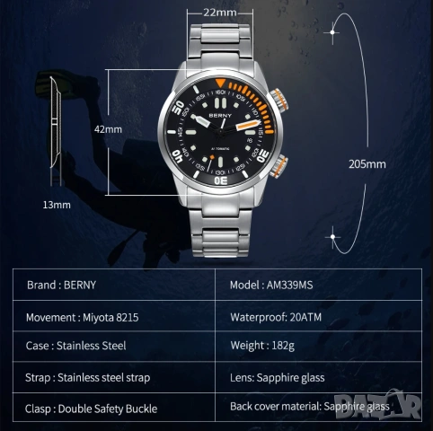 BERNY Автоматичен часовник за гмуркане 20ATM Супер светещ, снимка 3 - Мъжки - 51473690