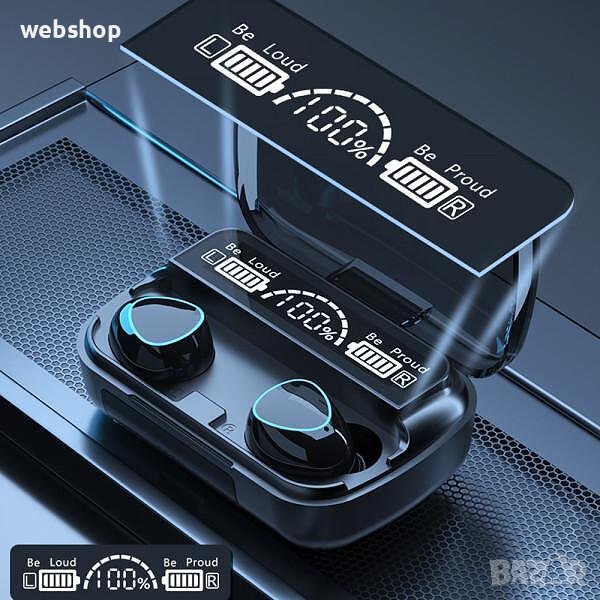 Безжични слушалки TWS M10, с микрофон, цифров дисплей, Bluetooth 5.1, водоустойчиви IPX7, черни, снимка 1