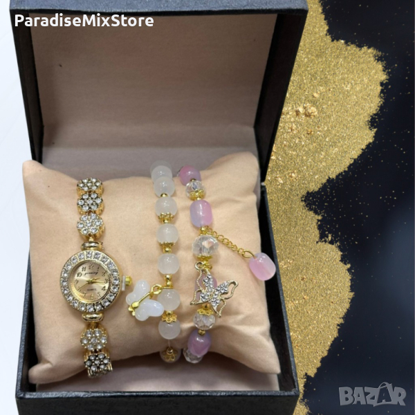 Дамски комплект от стилен часовник с цирконии и два броя гривни с естествени камъни и висулки пеперу, снимка 1