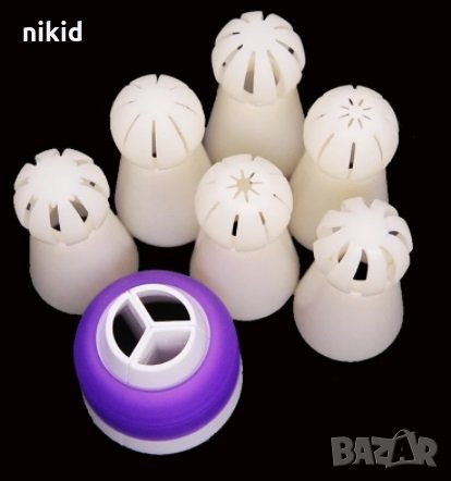 сет 6 бр + трицветен адаптор пош шприц дюза накрайник руски за цветя пластмасови за украса торта , снимка 1