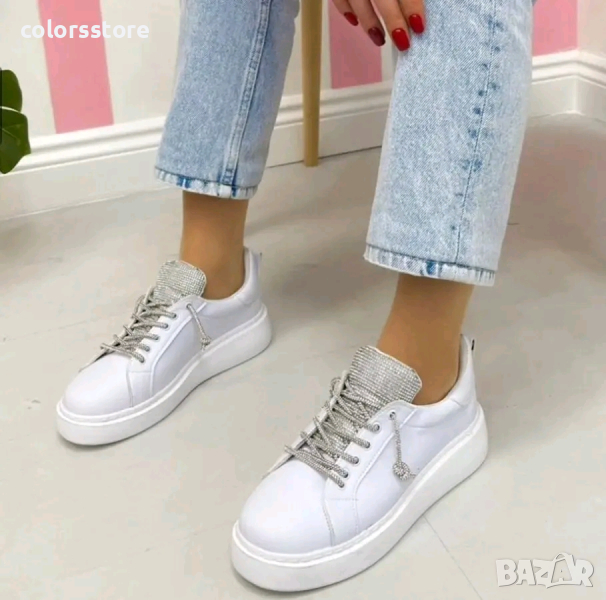 Равни кецове - бяла кожа със сребристи връзки - STV1, снимка 1