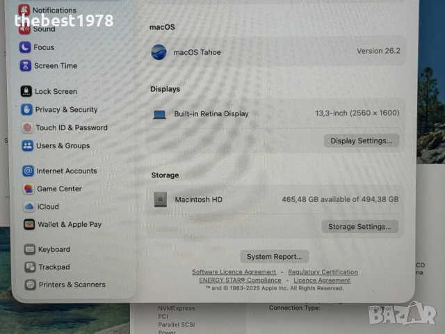 MacBook Air M1 SPG`8 CPU/7 GPU/512GB SSD/8GB RAM/Бат 100%/Като Нов, снимка 6 - Лаптопи за работа - 53386381