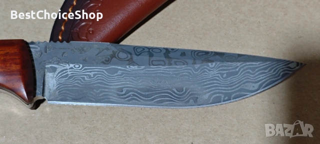 Goodchef Нож за лов D2 с дамаска шарка ергономична дръжка от розово дърво – Кожена кания, снимка 9 - Ножове - 53095996