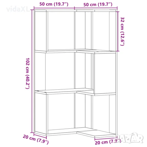 vidaXL Ъглова етажерка 3 нива старо дърво 50x50x102 см инженерно дърво, снимка 9 - Етажерки - 56148175