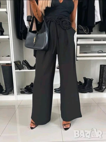 Дамски елегантен панталон с роза в Черно и Сиво, снимка 4 - Панталони - 50770517