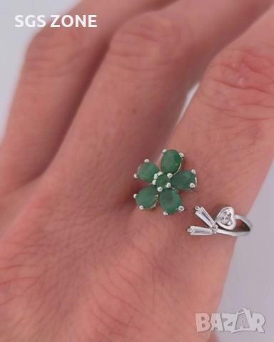 Сребърен пръстен с естествен син сапфир, многоцветен изумруд, снимка 2 - Пръстени - 52278484