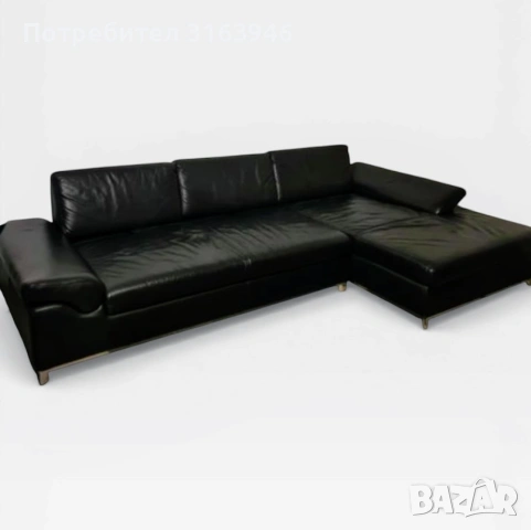  Ъглов диван от естествена кожа – черен (300 × 170 см) Ъглов диван от естествена кожа – черен (300 ×, снимка 3 - Дивани и мека мебел - 53856634