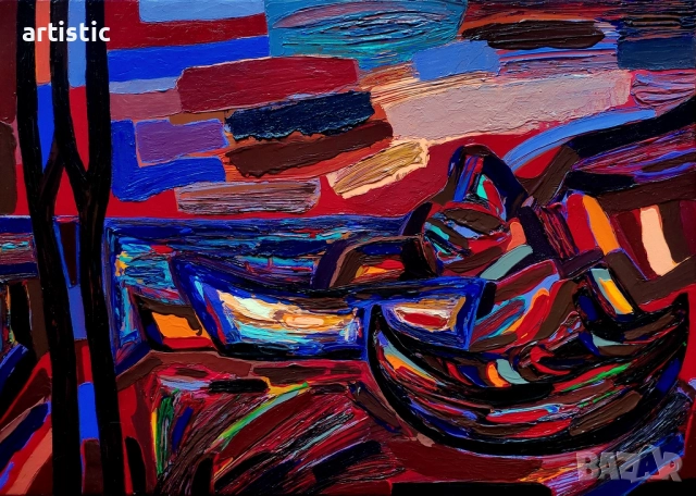Генко Генков, живописен морски пейзаж - "Лодки", снимка 2 - Картини - 52913531