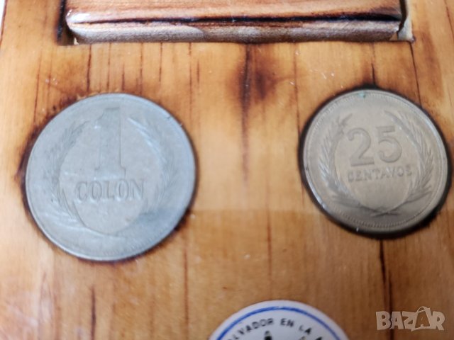 Салвадор монети , комплект 4 броя, поставени/влепени със смола на дървена корица за календар., снимка 2 - Нумизматика и бонистика - 44338930