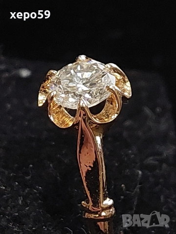 СССР-Златен дамски пръстен с 1 карат(еднокаратов якутски брилянт).Червено руско злато 853., снимка 3 - Пръстени - 53479320