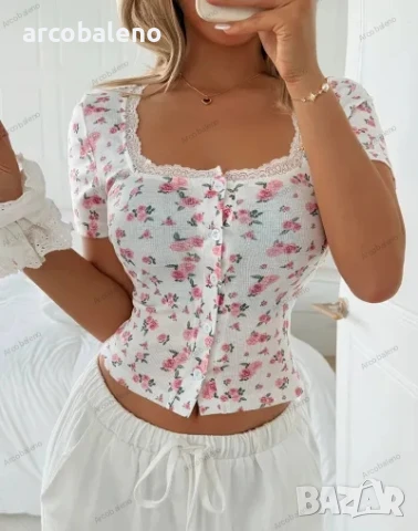 Циганска дамска тениска с къс ръкав и флорален принт Y2K, 3цвята , снимка 7 - Тениски - 50818473