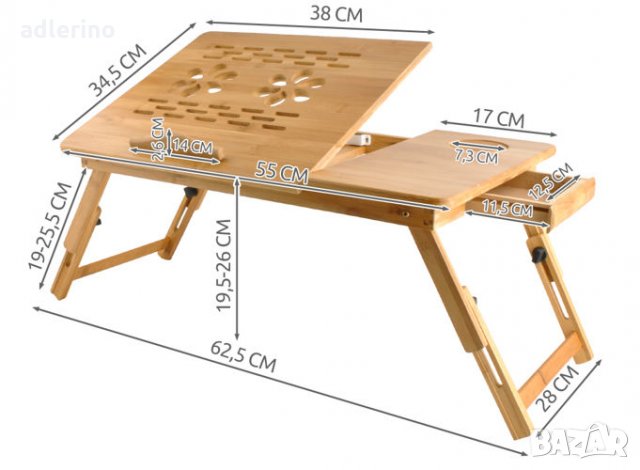 Табла за лаптоп, поставка за лаптоп, дърво, 62,5/34,5/26 см, масичка за лаптоп, снимка 8 - Тоалетки - 34165563