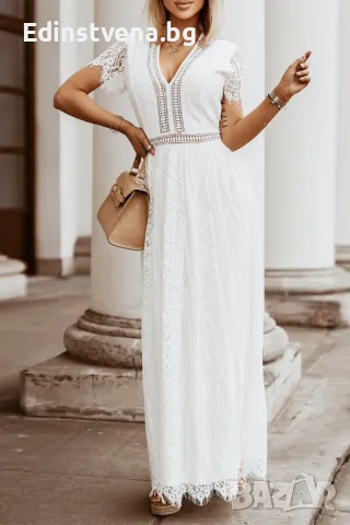 Дълга дантелена дамска рокля в бяло с V-образно деколте, снимка 1