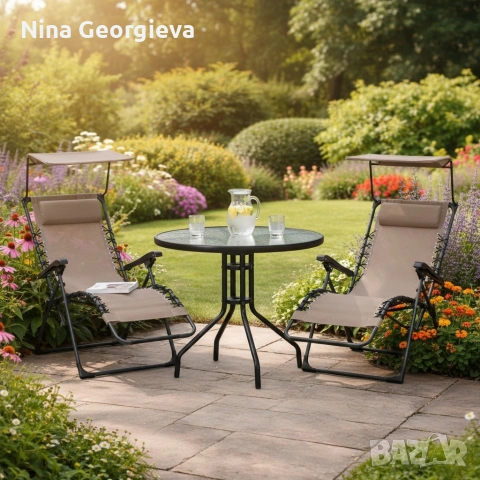 Комплект за релаксация на открито: 2 сгъваеми шезлонга с  и стилна масичка за кафе, снимка 4 - Градински мебели, декорация  - 53863476