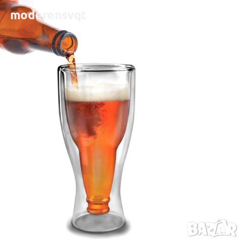 Двустенна стъклена чаша за бира с форма на обърната бутилка, снимка 7 - Чаши - 42001599