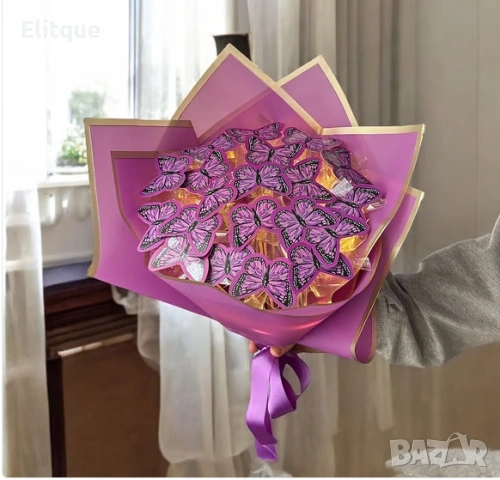 Букет с лилави пеперуди с LED светлина – подарък за любим човек, лилав цветен букет, снимка 4 - Подаръци за жени - 53021327