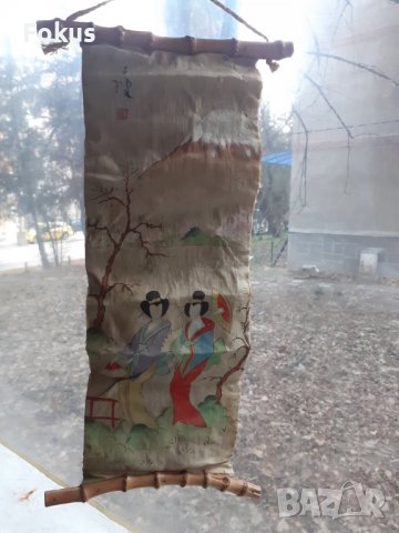 Стара китайска висяща картина върху коприна подпис