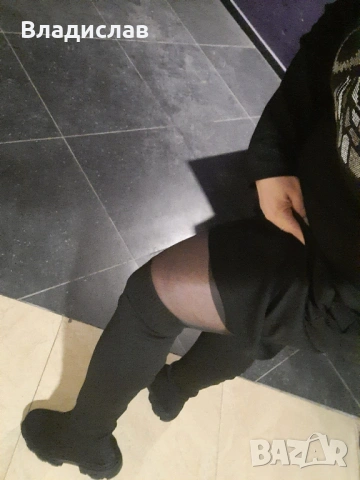 Черни дамски ботуши над коляното тип чорап на масивна подметка, снимка 4 - Дамски ботуши - 53401621