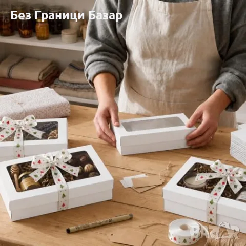 Нови 12 бели подаръчни кутии с прозорец и сатенена панделка 25x15x5 см за сладки бисквити подаръци, снимка 7 - Декорация за дома - 55934254