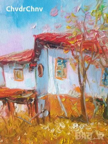 Димитър Генев 33x27см/малка българска картина масло върху платно/стара селска къща, снимка 3 - Картини - 51153027