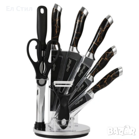 Комплект уреди за рязане–9 части с мраморно покритие, стойка, точило и белачка, снимка 7 - Прибори за хранене, готвене и сервиране - 53565458