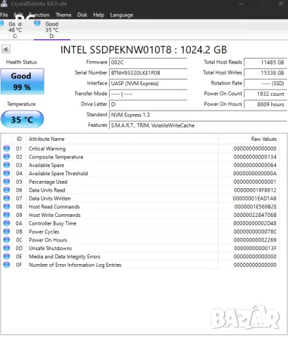 SSD Intel 660p 1TB 2000/2000 MB/s HBM 367 дни / 95%
