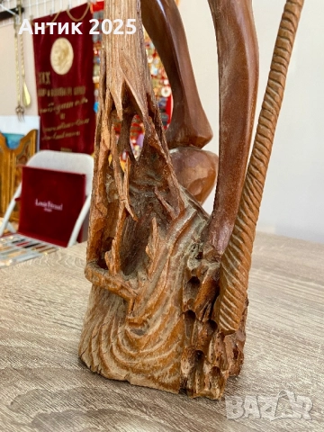 Винтидж резбована скулптура от тиково дърво — рибар с мрежа, снимка 5 - Антикварни и старинни предмети - 52937313