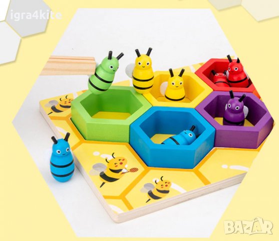 дървена играчка - кошер с пчели, хексагони и пинсети, снимка 3 - Образователни игри - 34751878