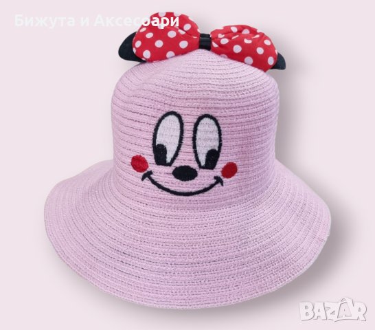 Детска лятна розова шапка за момиче с панделка маус