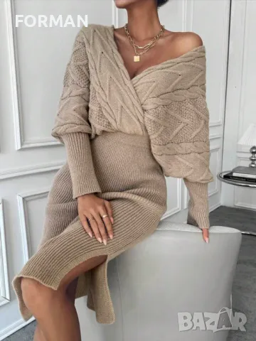 УНИКАЛНА рокля плетиво в бежово , снимка 2 - Рокли - 49352626