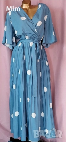 3XL Синя,дълга рокля солей на бели точки, снимка 4 - Рокли - 53741809
