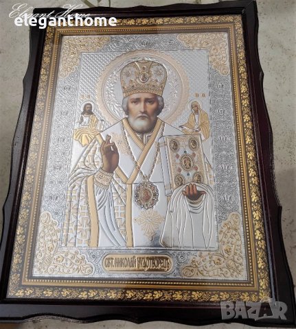 Икона "Свети Николай Чудотворец" с  бяла дървена рамка, снимка 2 - Икони - 31355481