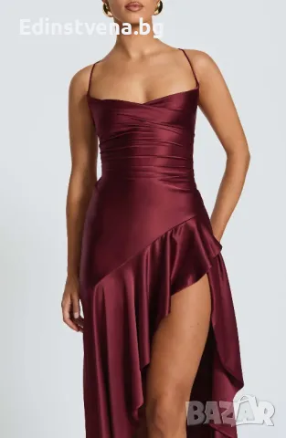 Дамска елегантна сатенена вечерна рокля с висока цепка и гръб с връзки в цвят бордо, снимка 5 - Рокли - 50419103