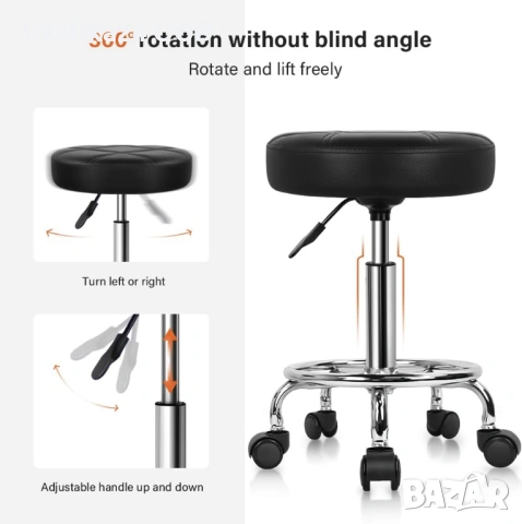 Въртящ се стол на колела с регулируема височина – черен, снимка 6 - Столове - 53417956