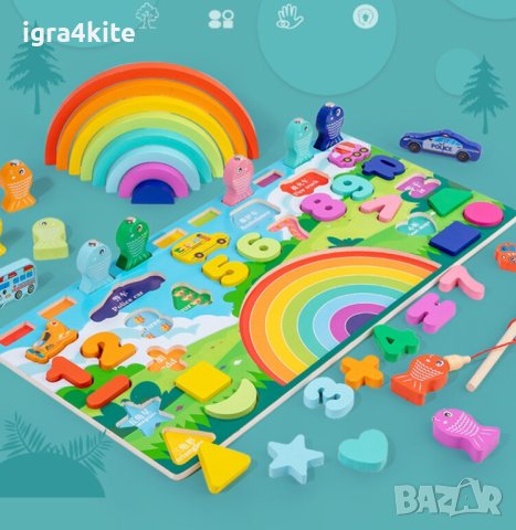НОВО Дървена интерактивна 5 в 1 игра с магнити, дъга, числа, знаци и фигури , снимка 3 - Образователни игри - 34325822