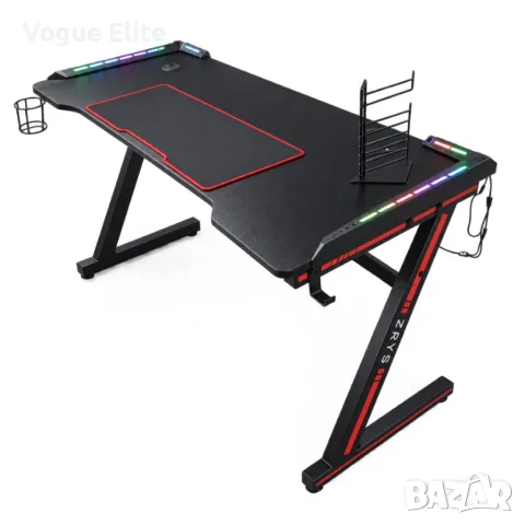 Геймърско бюро с RGB LED осветление, стойка за джойстици, поставка за чаша и голяма подложка – 120×6