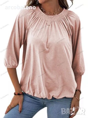 Едноцветна свободна дамска тениска с кръгло деколте и 3/4 ръкави, 8цвята , снимка 14 - Тениски - 44527835