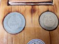 монети от Ел Салвадор, комплект 4 броя, поставени/влепени със смола на дървена корица за календар., снимка 2