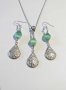 ,Красив Бохо комплект бижута обици и колие с Ябълково зелено Котешко око и орнаменти цвят сребро , снимка 2